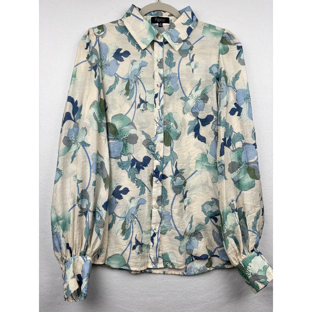 Papillon Womens Medium Floral Blouse Balloon Sleeve Button Front Shirt